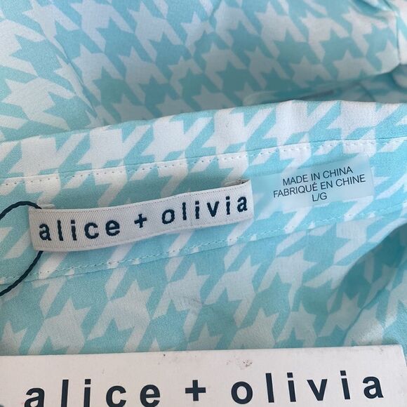 Alice + Olivia NWT Willa Houndstooth Puff Sleeve Silk Top in Julep Size L - Picture 9 of 11